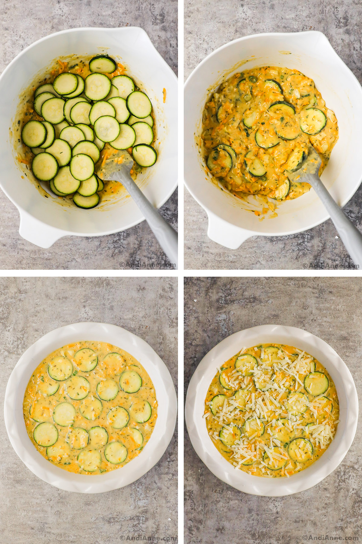 Four images, first is sliced zucchini on top of batter. Second is zucchini dumped into batter and mixed. Third is zucchini batter poured into pie dish. Fourth is shredded parmesan sprinkled over top of pie dish.
