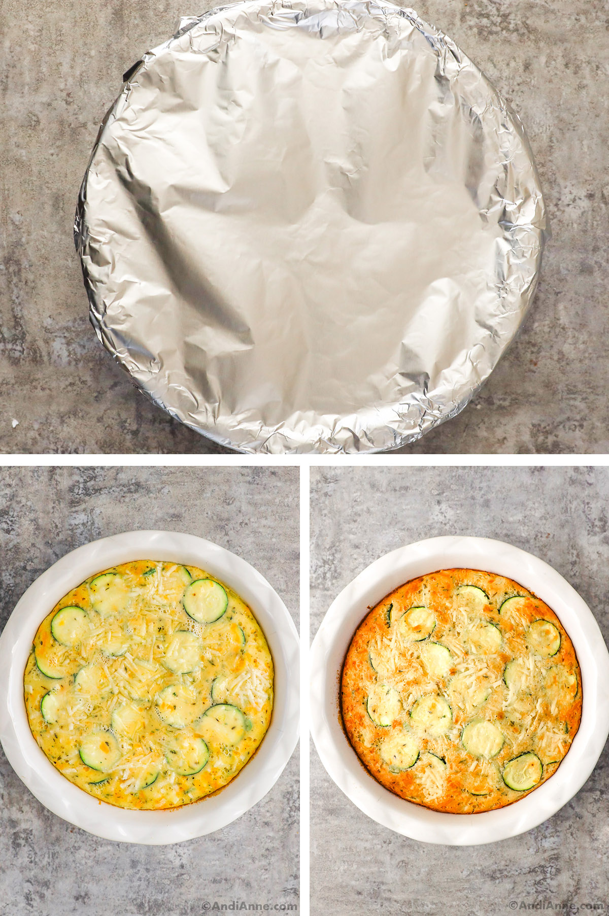 Pie dish covered with foil, second is zucchini pie with slices and shredded parmesan sprinkled on top. Fourth is fully cooked zucchini pie. 