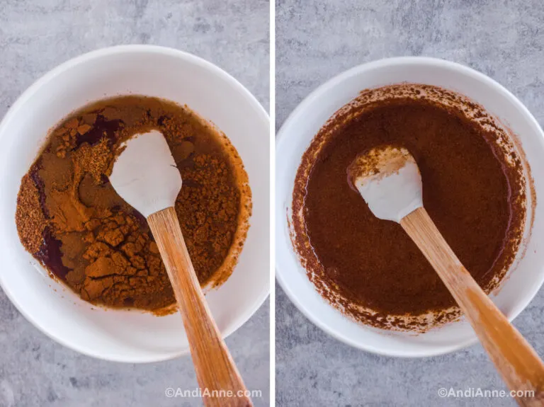 Two images of a white bowl with brown syrup ingredients and a small spatula.