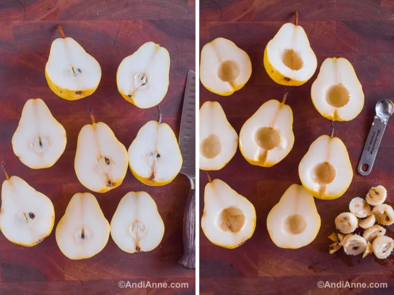 Pears sliced in half on a cutting board, and pears with inner seeds scooped out.