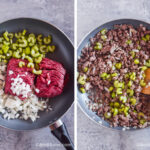 Two images of a skillet. Once with raw ground beef, chopped onion and chopped bell pepper. Second with cooked ground beef, onion, and bell peppe