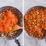 Two images of a frying pan. First with ground beef mixture and shredded carrots on top. Second with shredded carrots mixed into ground beef mixture.