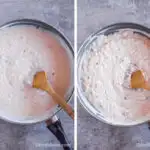 Two images of a frying pan. First is creamy liquid with a wood spoon. Second is liquid condensed into a creamy sauce with a wood spoon.