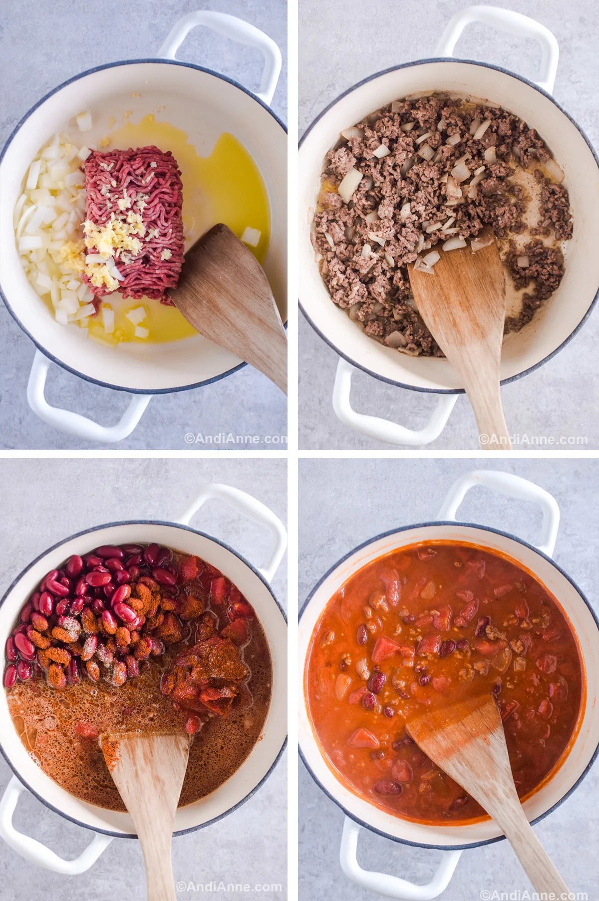 Four images of a white pot showing steps to make the recipe. First is pot with raw ground beef and chopped onion. Second is cooked ground beef and onion. Third is kidney beans, spices, and liquid in the pot. Fourth is cooked chili in the pot.