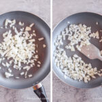 Two images of a frying pan, one with raw chopped onion. Second with cooked onion and a spatula.