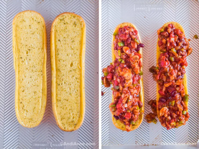 Two images. First is two pieces of garlic toast. Second is chili mixture dumped on top of garlic bread.