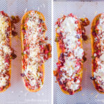 Two images of chili pizza garlic bread on a baking sheet. First image before cooking, second image after.