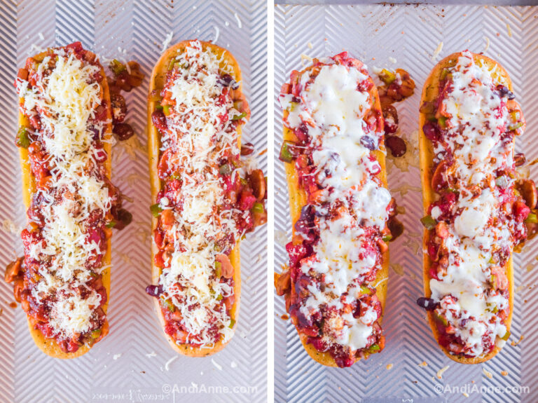 Two images of chili pizza garlic bread on a baking sheet. First image before cooking, second image after.