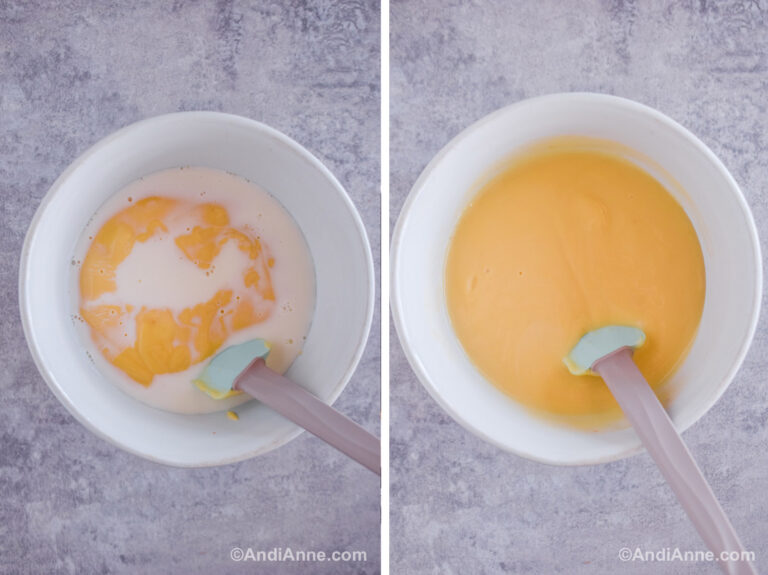 Two images of a white bowl. First with milk and cream of mushroom soup. Second with two ingredients together to form yellow liquid.