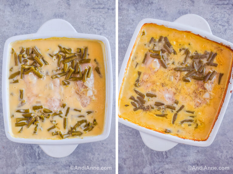 Two images of a white baking dish. First with chicken breasts, canned green beans in yellow liquid. Second with all ingredients baked and edges of liquid darker from cooking.