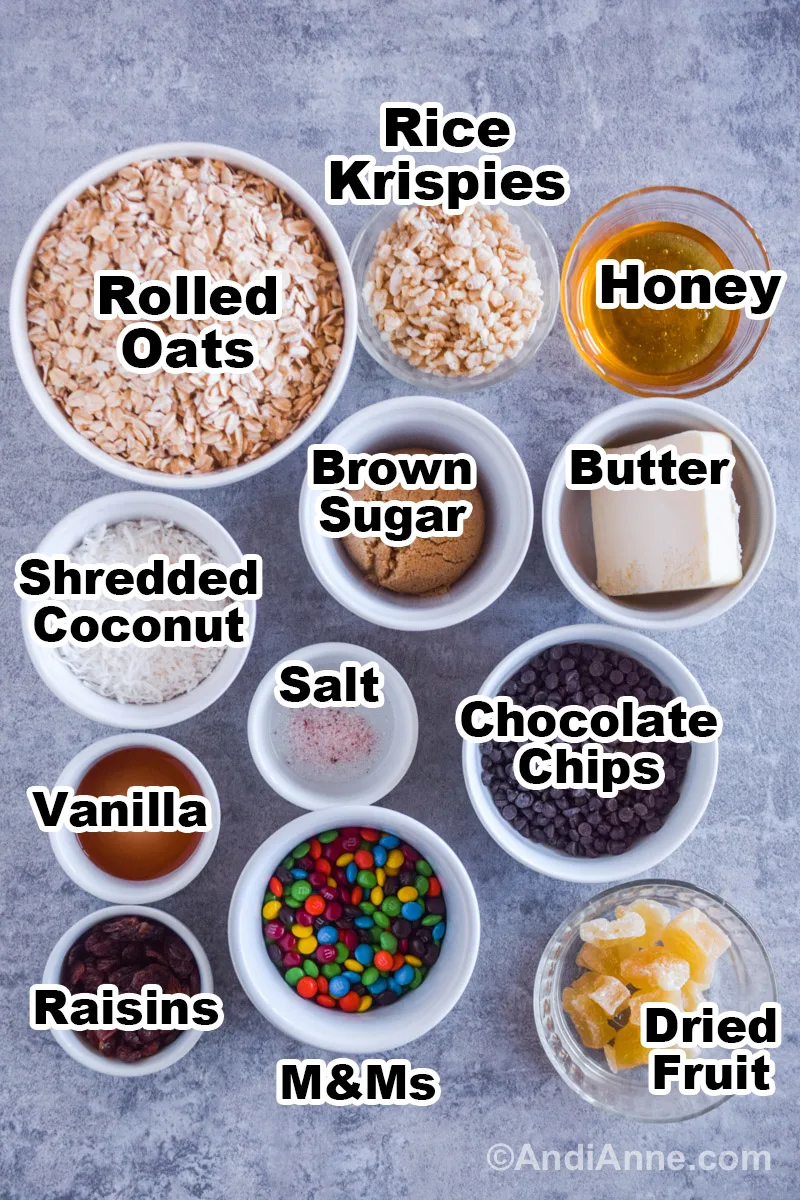 Ingredients to make the recipe in bowls including rolled oats, rice Krispies, honey, brown sugar, butter, shredded coconut, chocolate chips, vanilla, mini M&Ms, and dried fruit.