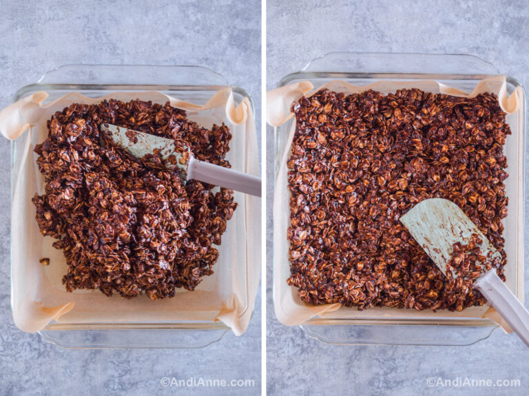 A square glass dish with parchment paper. First image is chocolate granola dumped in with a spatula. Second is chocolate granola smoothed out.