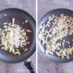 Two images of a frying pan. First with chopped raw onion. Second with cooked raw onion.