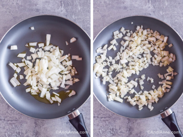 Two images of a frying pan. First with chopped raw onion. Second with cooked raw onion.