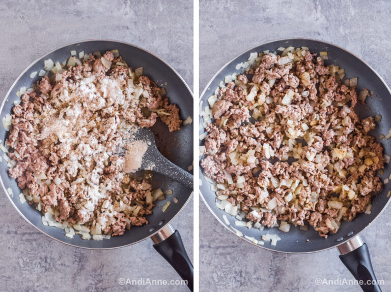 Two images of a frying pan. First with ground beef and flour on top. Second with ground beef mixture.