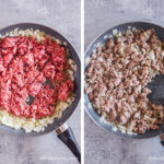 Raw ground beef and onion in a frying pan. And then cooked ground beef onion mixture in pan.