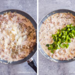Two images of a frying pan. First with parmesan and milk poured over ground beef in frying pan. Second with chopped bell pepper on top of creamy sauce in pan.