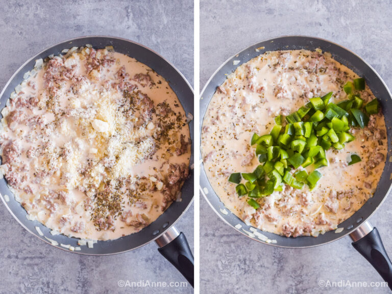 Two images of a frying pan. First with parmesan and milk poured over ground beef in frying pan. Second with chopped bell pepper on top of creamy sauce in pan.