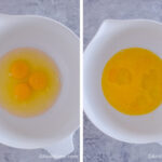 Two images of a white bowl. First with three egg yolks. Second with eggs beaten.