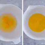 Two images of a white bowl. First with three egg yolks. Second with eggs beaten.