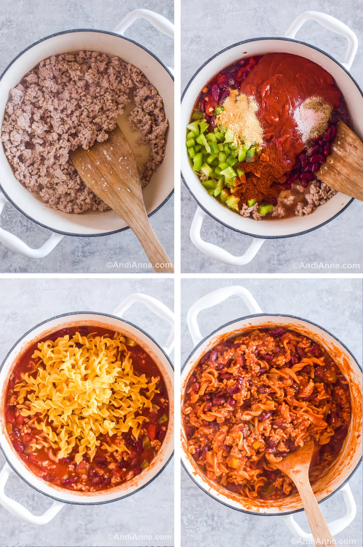 Four images showing steps to make recipe. First is pot with ground pork and wood spatula. Second is sauce, spices and chopped green onion dumped on top. Third is uncooked spiral noodles dumped on top of sauce mixture. Fourth is cooked pasta with ground pork in tomato sauce mix.