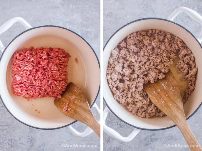 Two images of a white pot. First with raw ground pork and wood spatula. Second with cooked ground pork.