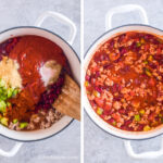 Two images of a white pot. First with sauce and spices dumped on top of ground pork. Second with ground pork with tomato sauce mixture.
