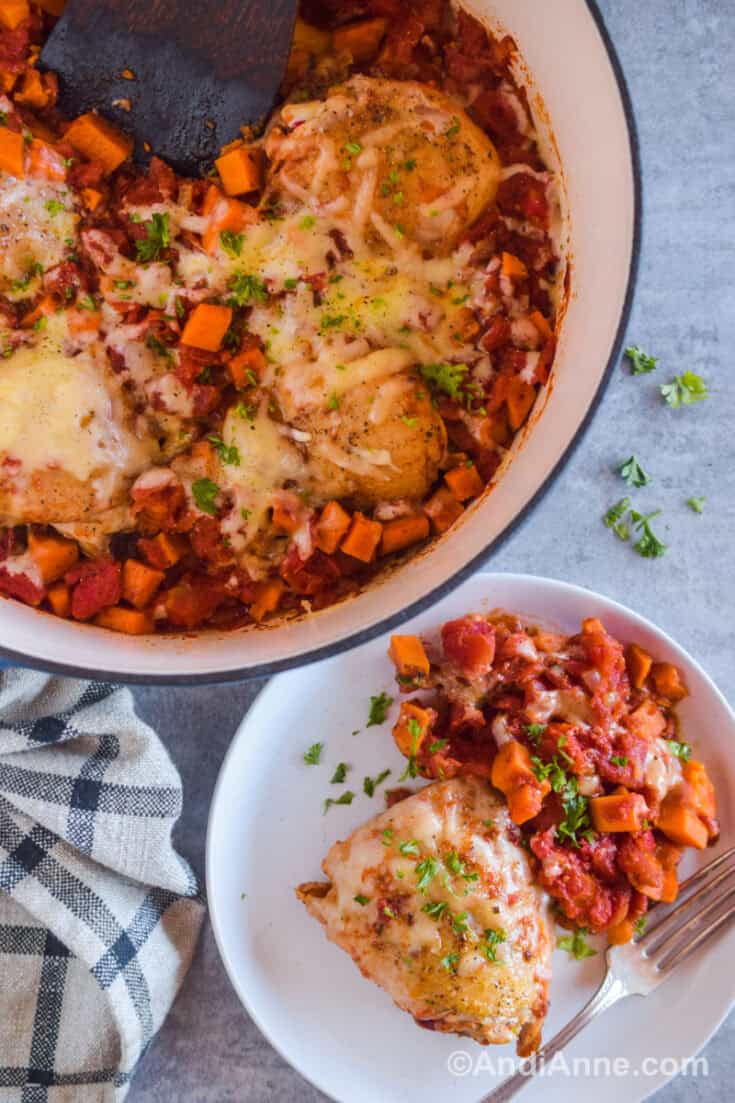 One Pot Chicken Thighs, Tomatoes and Sweet Potatoes