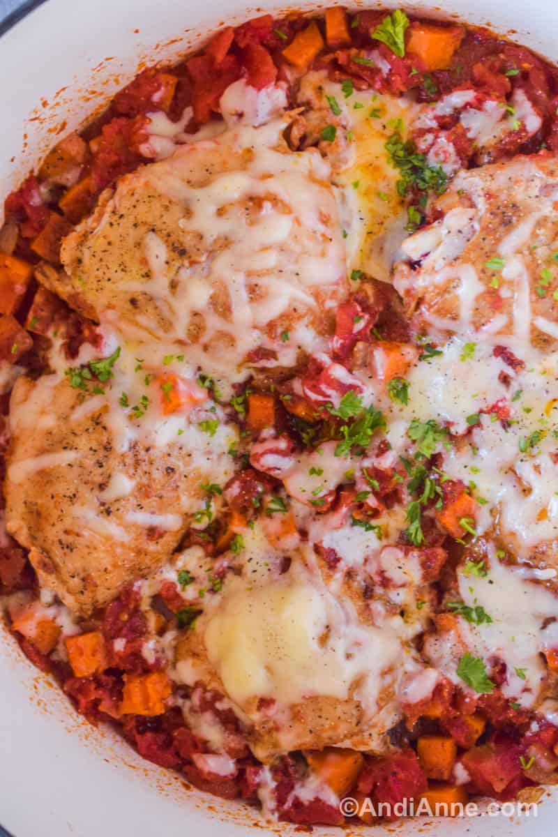 One Pot Chicken Thighs, Tomatoes and Sweet Potatoes