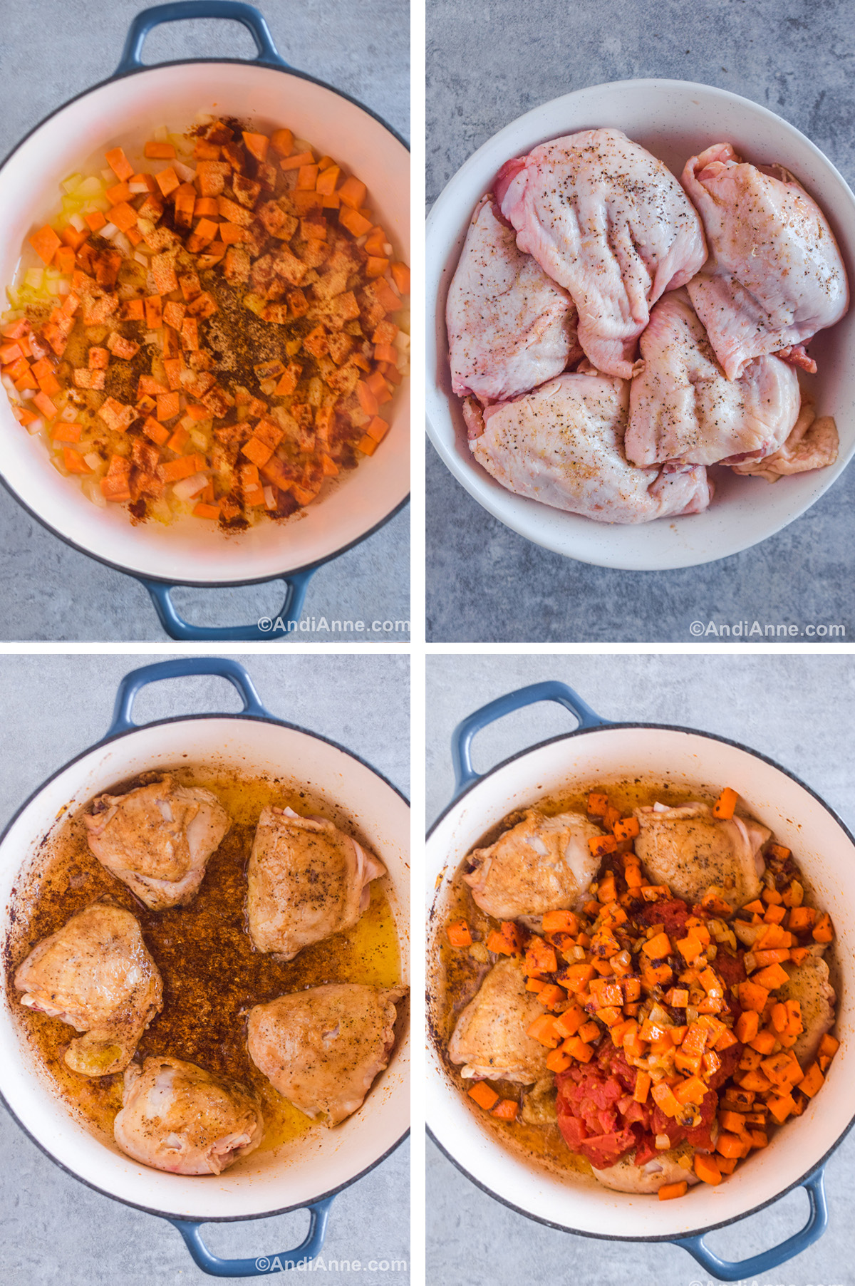 Four images grouped together showing steps to make the recipe. First is chopped sweet potato and onion sprinkled with spices in a pot. Browned chicken thighs in a pot. And cooked sweet potato and tomatoes dumped in to the pot over chicken thighs.