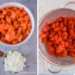 A white bowl with chopped sweet potatoes, a cup of chopped onion, and a strainer with diced tomatoes.