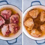 Two images of a white pot with blue handles. First with chicken thighs upside down. Second with browned chicken thighs skin-side up.