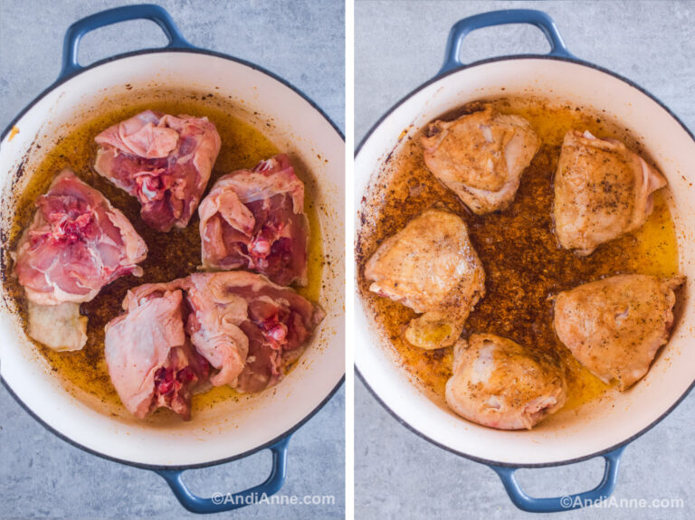 Two images of a white pot with blue handles. First with chicken thighs upside down. Second with browned chicken thighs skin-side up.