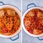 Two images of a white pot with blue handles. First with sweet potatoes and diced tomatoes dumped on top. Second with vegetables arranged around the chicken.