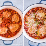 Two images of a white pot with blue handles. First with cooked chicken thighs surrounded by chopped sweet potatoes and diced tomatoes. Second with grated mozzarella melted over top.