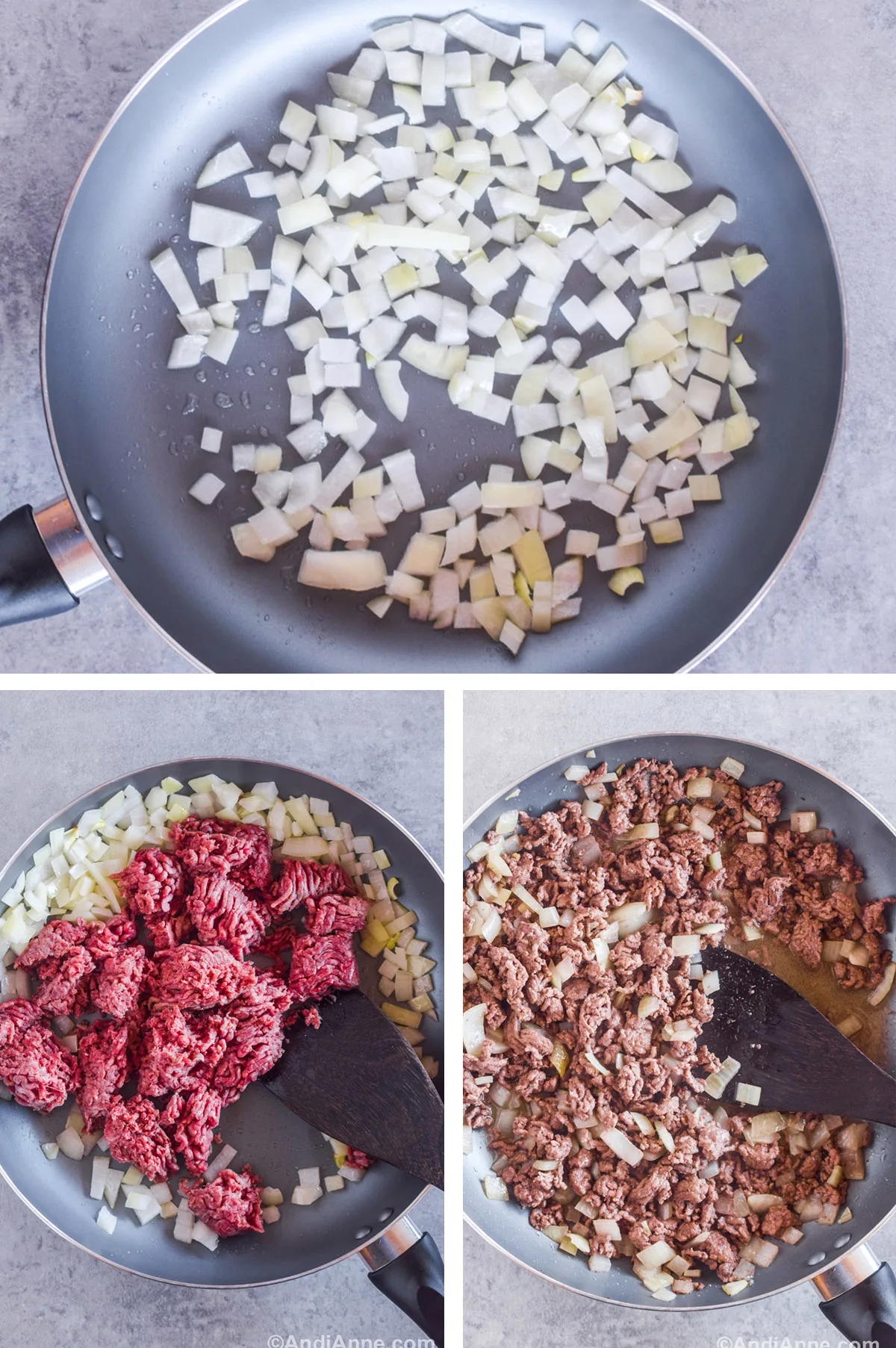 Three images grouped together. First is chopped onion, second onion with raw ground beef. Third is cooked ground beef and onion.