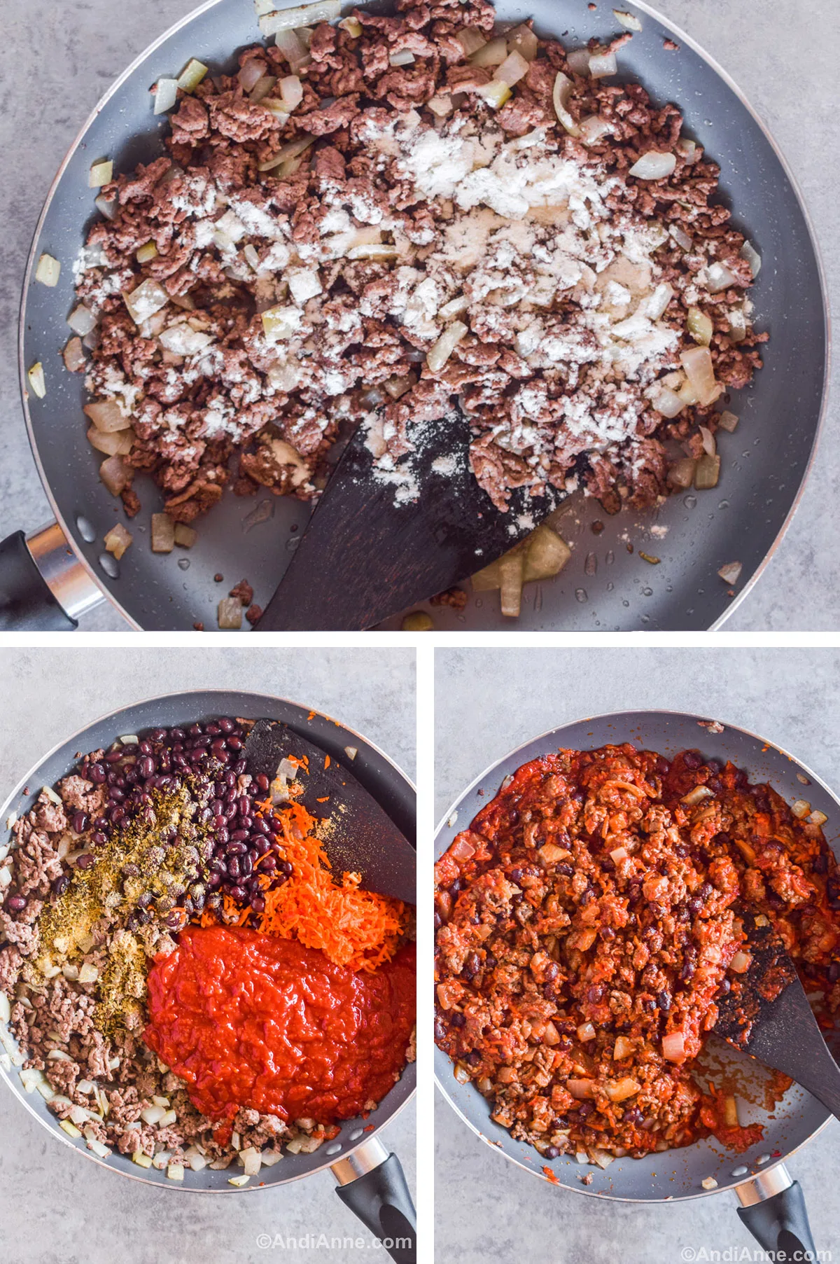 Three images grouped together. First is onion and ground beef. Second and third are various ingredients in frying pan first unmixed, then mixed.