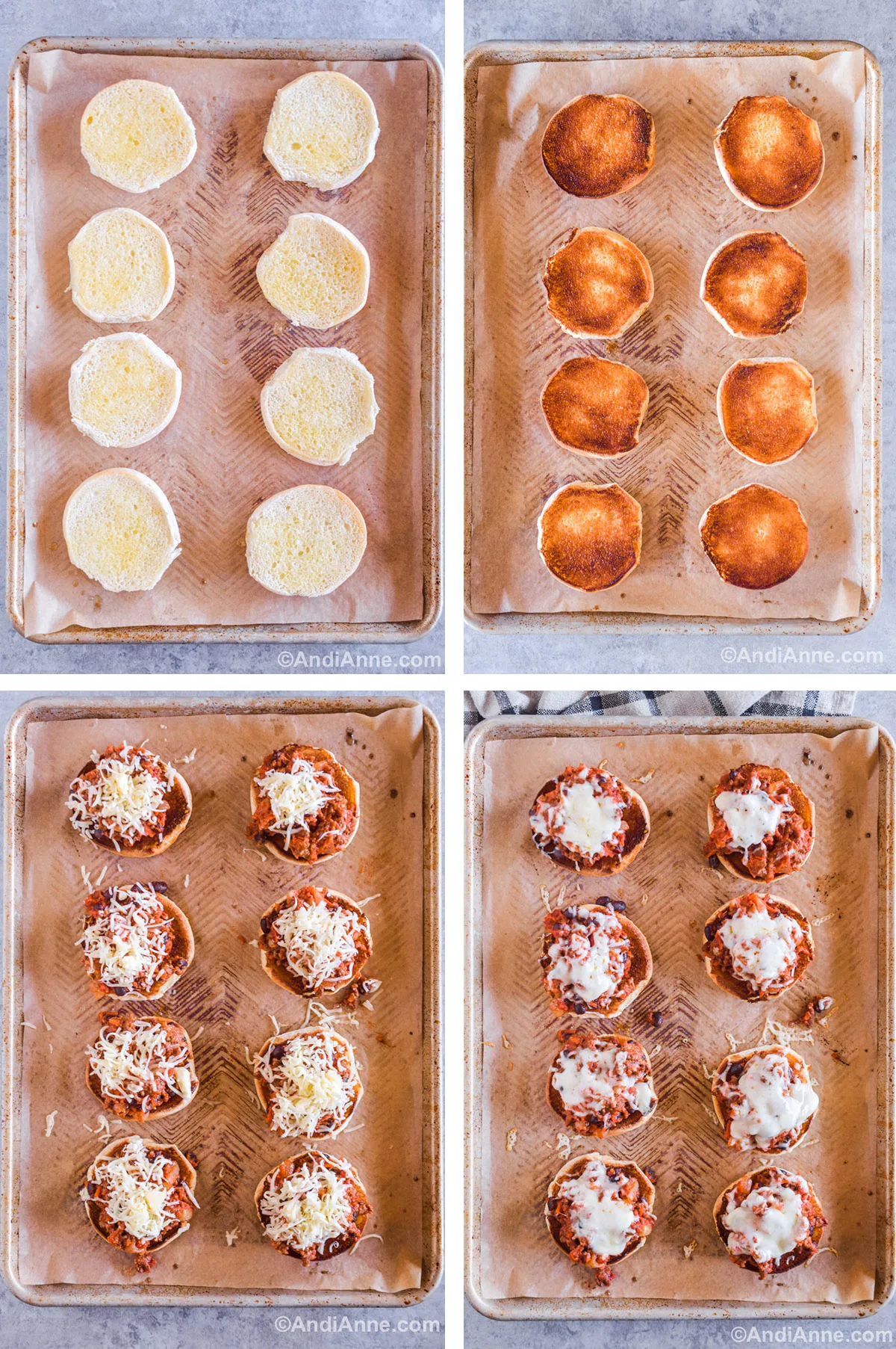 Four images together. First two are baking sheets with hamburger buns, untoasted then toasted. Last two are pizza sloppy joes with mozzarella cheese, first unmelted then melted.