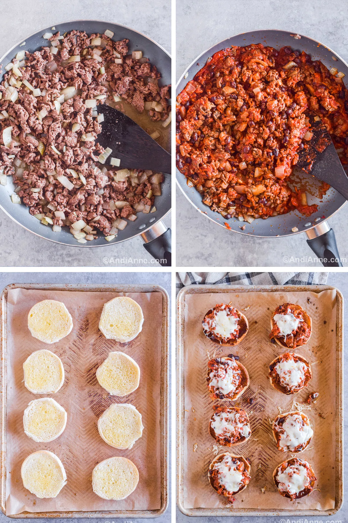 Four images grouped together showing steps to make recipe. First is ground beef and onion in frying pan. Second is ground beef mixed with pizza sauce, black beans and spices. Third is buns on a baking sheet. Fourth is pizza sloppy joes on a baking sheet.