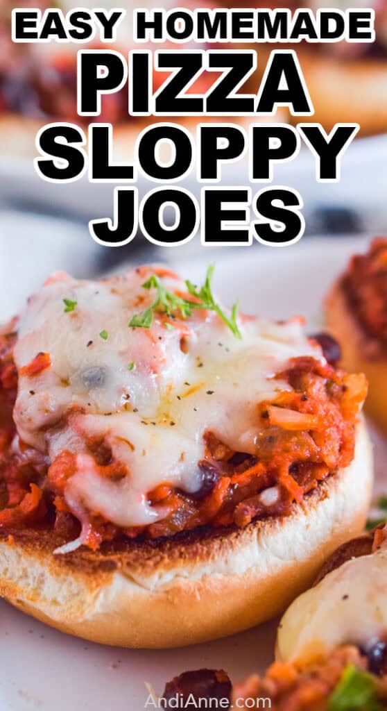 Close up of half of burger bun topped with pizza sloppy joes recipe and melted cheese