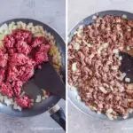Two images of a frying pan. First is raw ground beef with chopped onion. Second is cooked ground beef with chopped onion mixed together and a spatula.