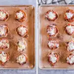 Two images of a baking sheet with pizza sloppy joes. First with sprinkled cheese, second with melted cheese.