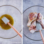Two images of a glass bowl. First with sauce and a spatula. Second with raw chicken mixed with sauce and a spatula.