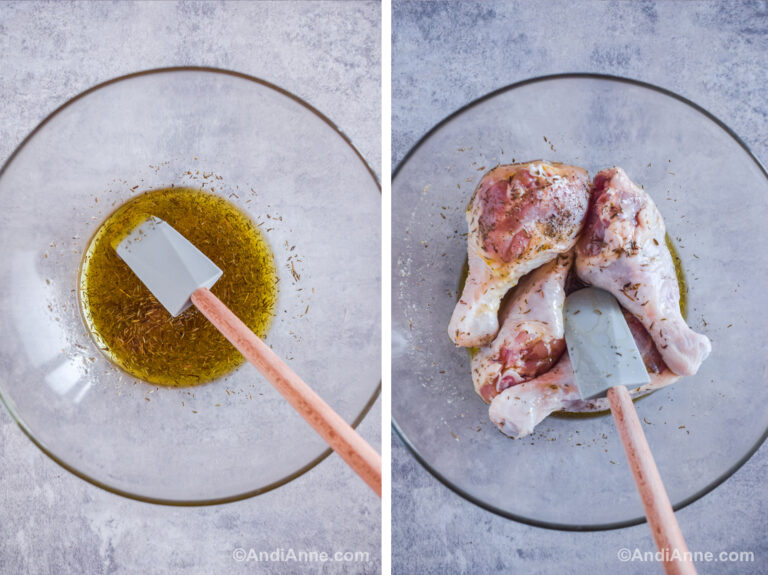 Two images of a glass bowl. First with sauce and a spatula. Second with raw chicken mixed with sauce and a spatula.