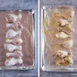 Two images of a baking sheet with foil. First with seven raw chicken legs lined in a row. Second with the same chicken legs baked.