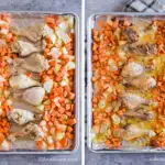 Two images of a baking sheet lined with foil. First is unbaked chicken legs in center, chopped sweet potato and onion surrounding chicken. Second image is baked chicken legs, sweet potatoes and onion on the baking sheet.