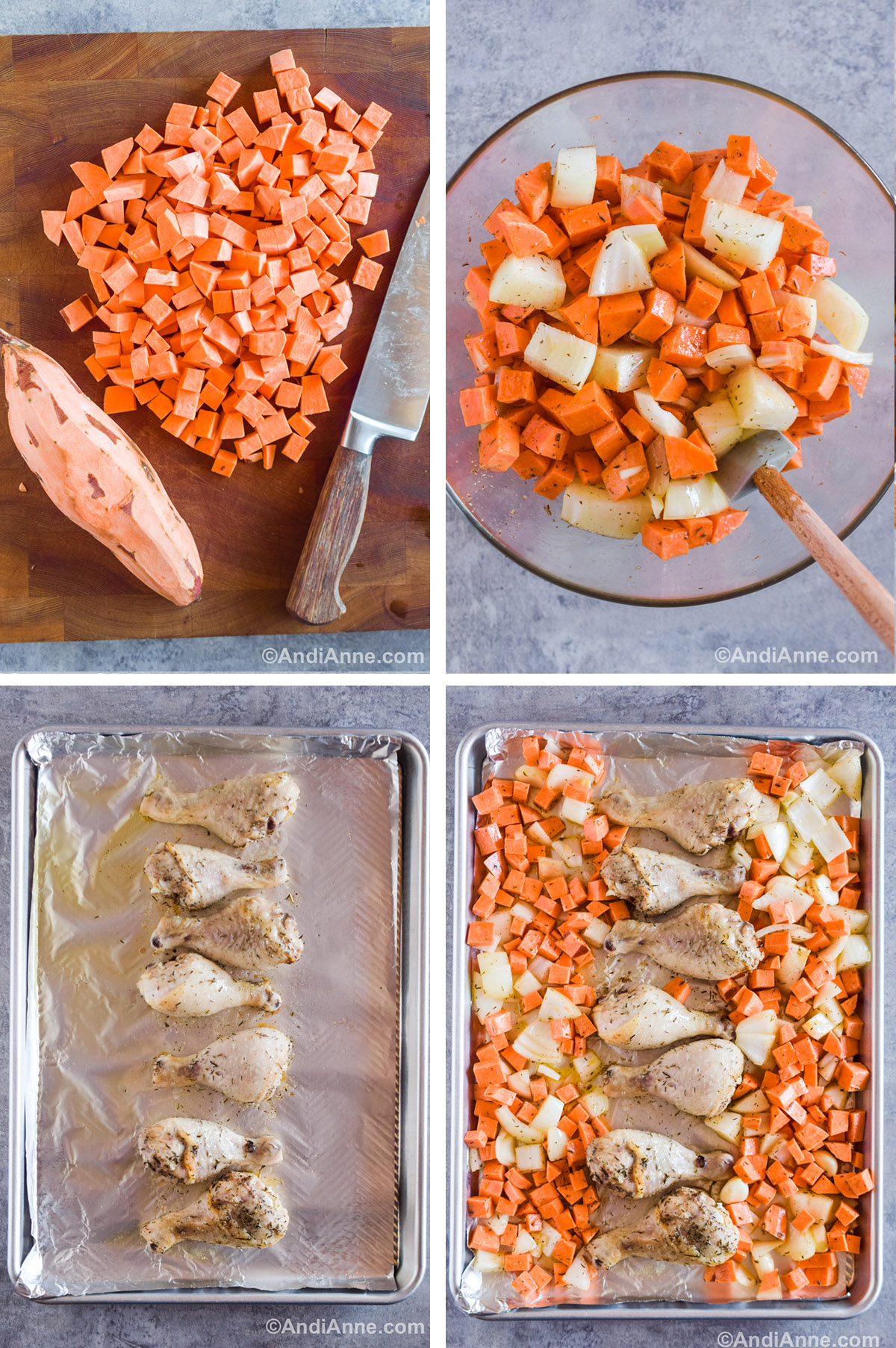 Four images showing steps to make the recipe. First is chopped sweet potato and a peeled one on cutting board. Second is chopped sweet potato with onion in a bowl tossed with olive oil, salt and pepper. Third is chicken legs in the center of a baking sheet. Fourth is half cooked chicken legs in the center of a baking sheet with chopped sweet potato and onion surrounding it.