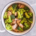 Chopped broccoli and chicken thighs in a large white pot.