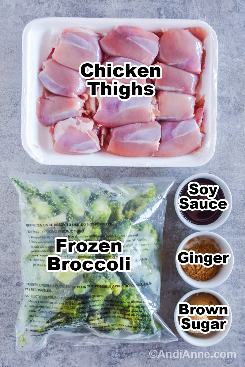 Recipe ingredients on the counter including raw boneless skinless chicken thighs, a bag of frozen broccoli, bowls of soy sauce, ginger, and brown sugar.