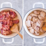 Two images of a large pot. First with raw chicken thighs. Second with cooked chicken thighs.